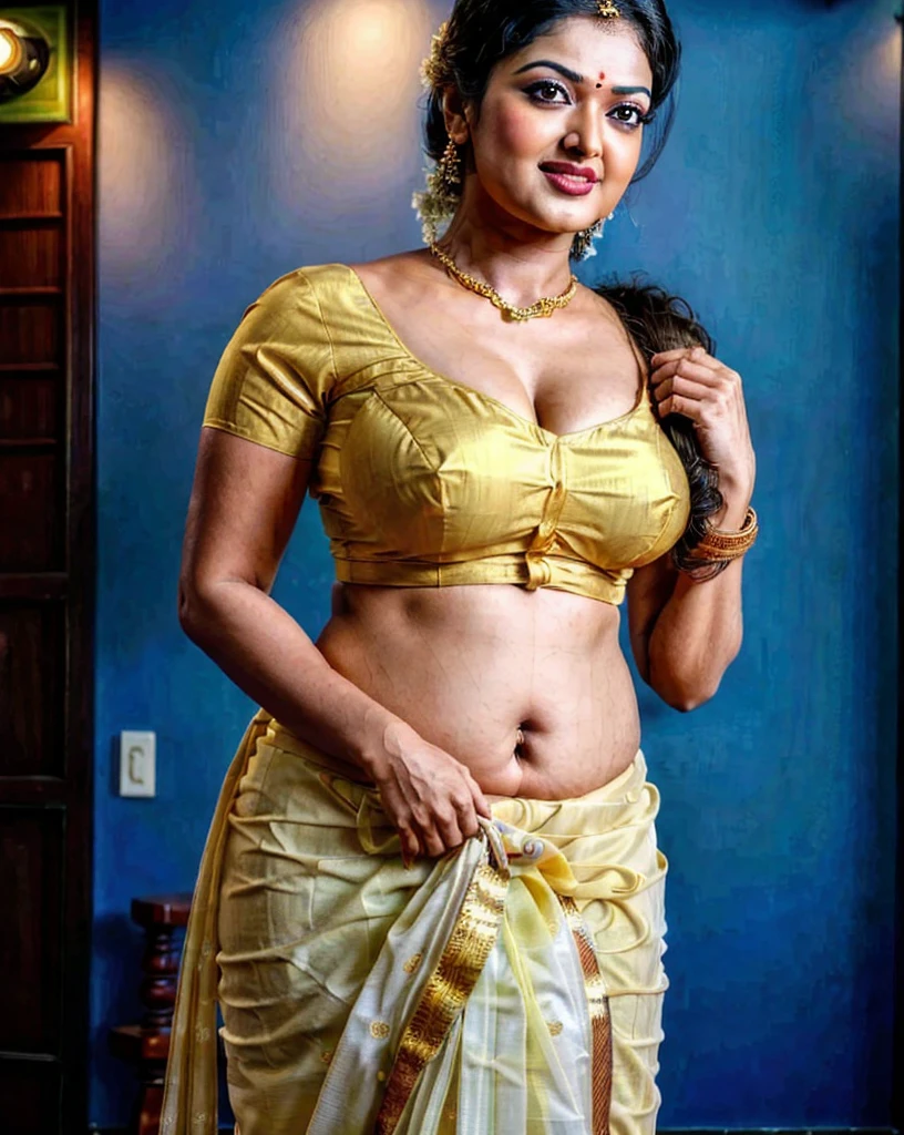 Foto RAW, photorealistic, photography, full body shot of ((Malayalam actress Honey Rose )) , ((Honey rose)) ,master shot, goddess like beauty, Nayanthara as perfect thick chubby mallu Desi aunty bhabhi, Wearing a kanchivaram silk front hook blouse, a chest-band.Front hook tamil blouse model, model Photography, Tamil front hook silk torn blouse shoot, Tamil traditional ((front hook blouse)) advertising photography, traditional wear brand shoot, face of Indian actress Nayanthara , masterpiece, realistic, realism, incredible details,  pleasure, photorealism, detailed skin, skin pores, high contrast, photorealistic Artstation 8k HD digital art trend of high definition and detailed realistic skin texture, ultra detail, realistic skin texture, armature, best quality, ultra high definition, (photorealistic:1.4),, high resolution, detail, raw photo, Re sharp, by Lee Jefferies Nikon D850 Film Stock Photo 4 Kodak Portra 400 Camera F1.6 Lens Rich Color Ultra Real Realistic Realistic Textures Dramatic Lighting Unreal Engine Trending at Art Station Cinestill 800,(pele altamente detalhada: 1.2), 8k UHD, DSLR, soft-lighting, alta qualidade, grain of film, Fujifilm XT3,she didn't like to wear blouse or bra, she  happy to wear only saree, she hates blouse or bra, fit hip and round navel