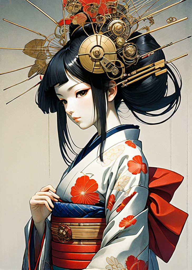 1 girl
mechanical arms
geisha
kimono
(art by Yoshitaka Amano )