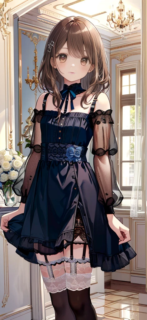 ((masterpiece)), ((best quality)), ((ultra detailed)), ((kawaii)), cute, (lovely), ((extremely detailed)), ((8K)), (beautiful), full body, luxury room, a cute girl, 1girl, solo, blue mini camisole dress,beautiful light brown hair, ((detailed beautiful brown eyes)), white-skinned, flat breast, tiny breast, garter belt,(garter stockings:1.4),pink eyeshadow