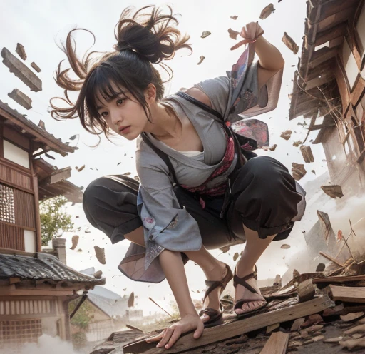 (masterpiece),(best quality:1.5), (ultra highres:1.5),Japanese woman in kimono landing on roof、Acrobatics、Twisting the body、Gaze Here、Close your mouth、A confident and serious look、Place your right hand on the ground、Extend your left hand back、Collapsed Japanese house、Flying debris、Soaring dust、Parkour-like movements、Tie your hair back、Sober kimono、Ninja Style、Sarashi on the ankle、Ninja-like sandals、You can see the sky in the background、Smoke is rising in the distance。