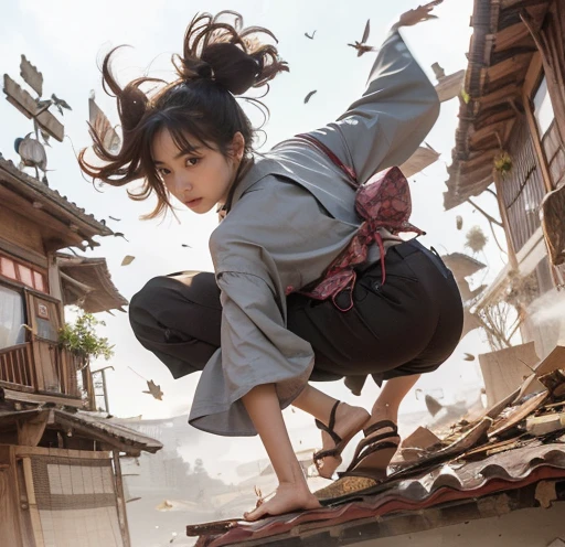 (masterpiece),(best quality:1.5), (ultra highres:1.5),Japanese woman in kimono landing on roof、Acrobatics、Twisting the body、Gaze Here、Close your mouth、A confident and serious look、Place your right hand on the ground、Extend your left hand back、Collapsed Japanese house、Flying debris、Soaring dust、Parkour-like movements、Tie your hair back、Sober kimono、Ninja Style、Sarashi on the ankle、Ninja-like sandals、You can see the sky in the background、Smoke is rising in the distance。