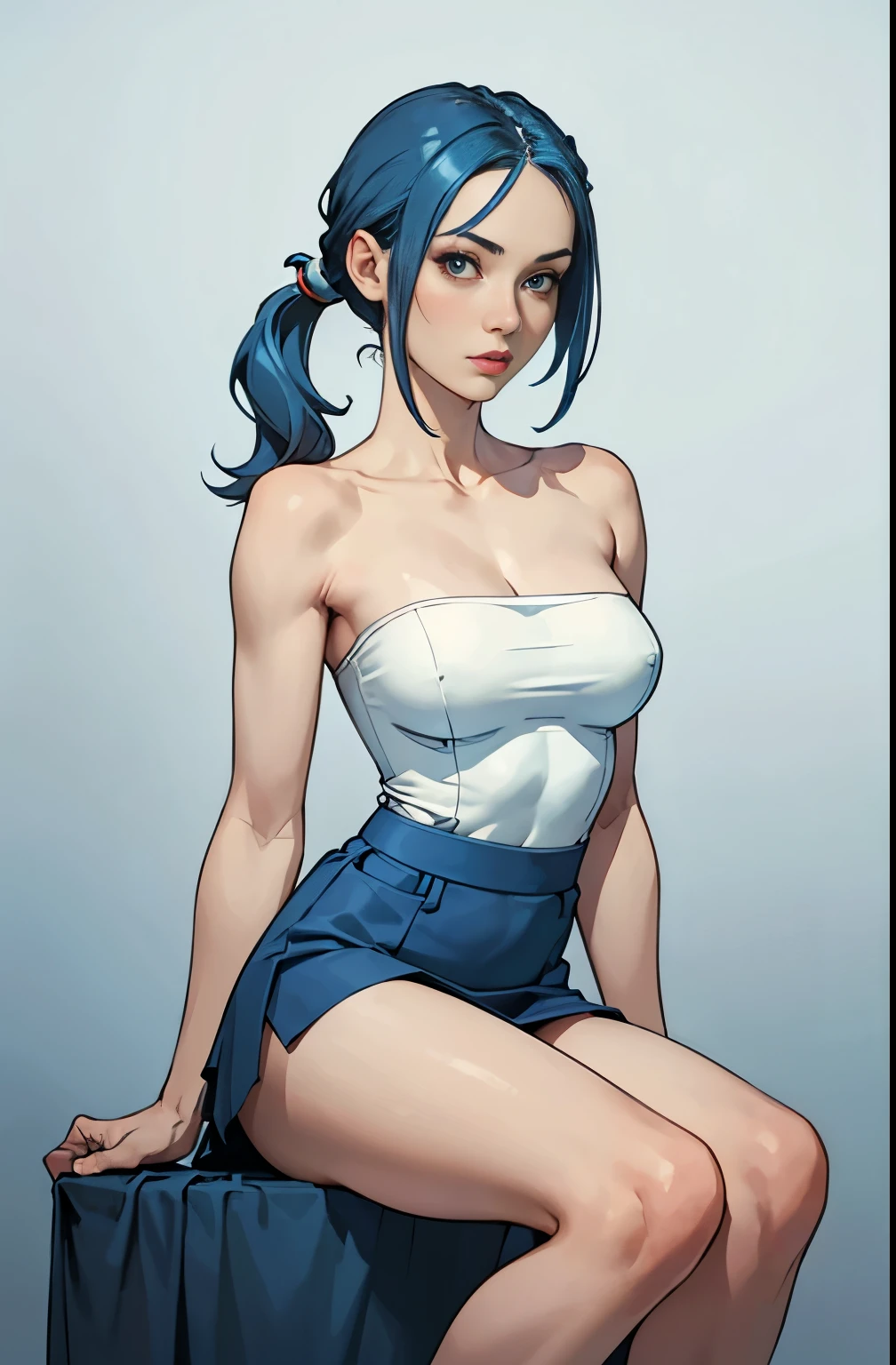 girl, hot, portrait, medium breasts, slim, blue hair, high pigtail, pale skin, hot, soft or colored lips, blue strapless, blue short skirt, simple bottom, plain colors, blue bottom, perfect hands, perfect 