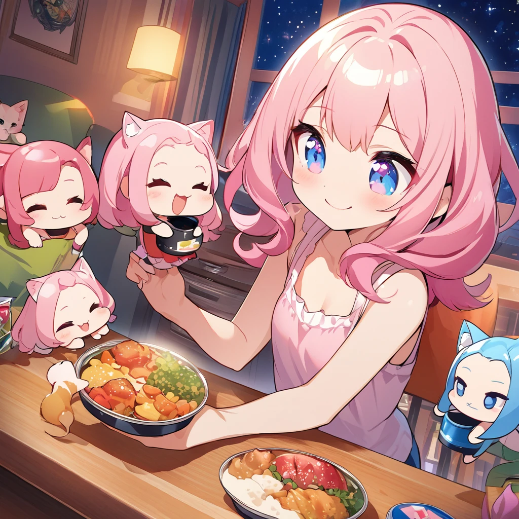 masterpiece、Highest quality、Depth of subject、２D illustration、1 beautiful girl、独奏, (((chibi style)))、((night)), ((window)), ((starry sky)), Long, beautiful hair、Shiny pink hair、cute、Beautifully detailed eyes、((Tank top))、a cute sleeping kitten on chair, ((colorful))、mini skirt、((happy smile))、((Canned Chuhai)), ((close up shot))、((eating dinner)), ((in the room))、((There&#39;s a lot of pink around))、Thighs、((vivid color))、sparkle、((Lens flare))、
