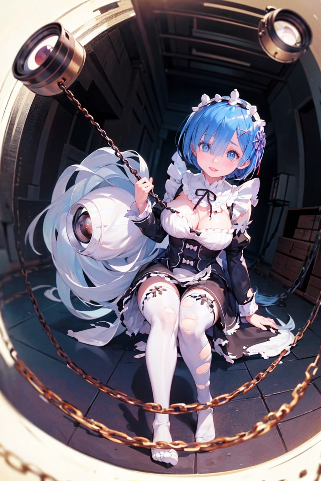 Rem tears off the chains、Plump、Show your pants、Fighting Pose、Weapons Morningstar、((Underground dungeon))、((The floor beneath my feet is crumbling))、((((Rem in chains)))),(((((Fisheye Lens)))))、((Super huge breasts))、(((Plump thighs)))、(((Rem from Re:Zero)))、looking at the camera、High qualityHigh quality、8ｋ、(((((Full body description)))))、Chest、Fantastic、(((((Torn maid uniform)))))、looking at the cameraで、barefoot、(((Tall Rem)))、Sweat splashes、Clothes are ripped off,(Torn knee-high socks)、