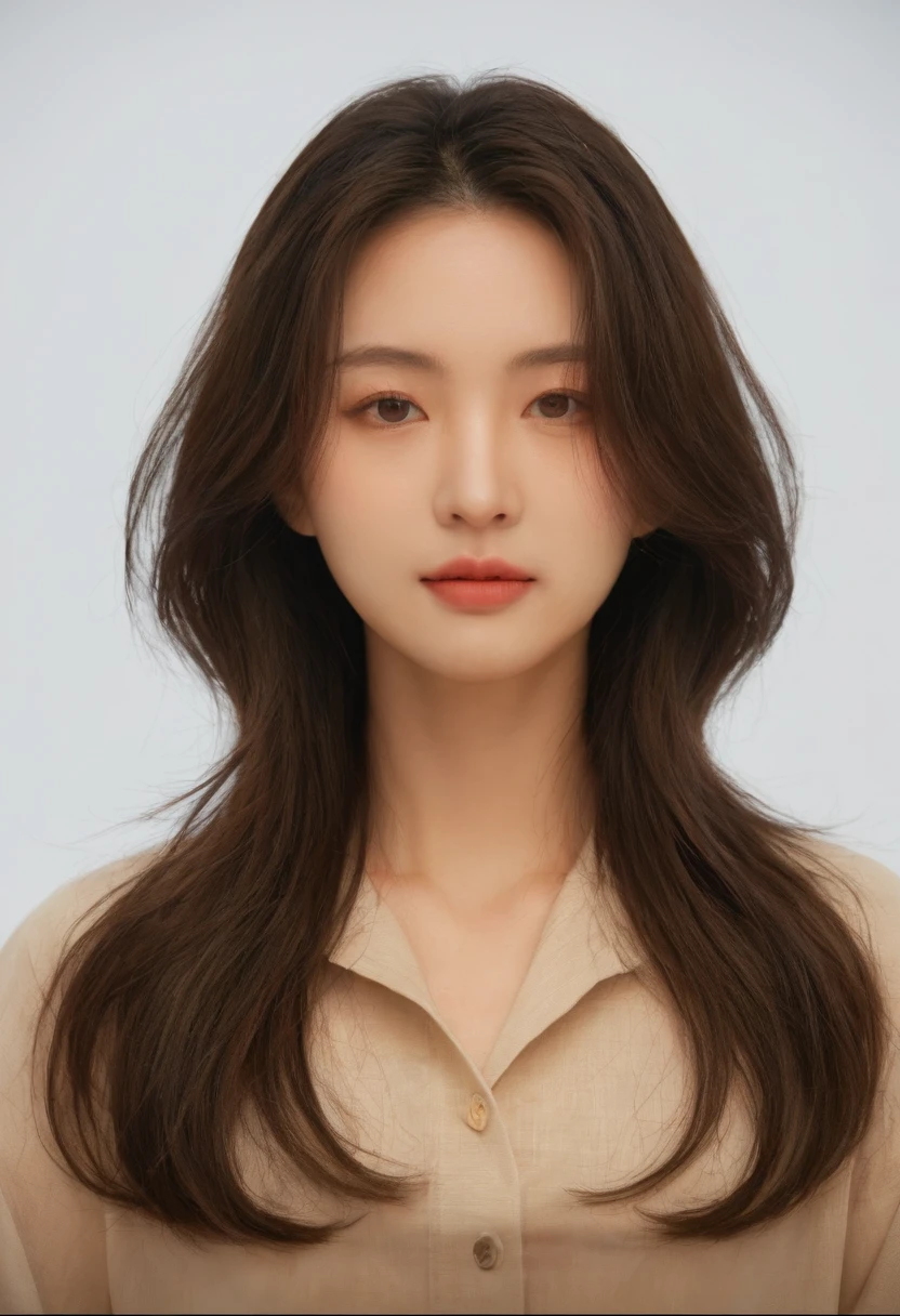 Best Quality, 8k, Masterpiece, (Portrait: 1.3), (photo realistic:1.4), (hyper realistic:1.4), Sharp Focus, looking at viewer, (smoother lighting:1.1), (increase cinematic lighting quality:0.9), realistic lighting, backlighting, light on face, ray trace, (brightening light:1.2), (Increase quality:1.4), sharp detail, (best quality real texture skin:1.4), finely detailed eyes, black_eyes, finely detailed face, 25 year old Korean woman, (white formal_shirt:1.4), (Create an image maintaining the original base model hairstyle:1.5)