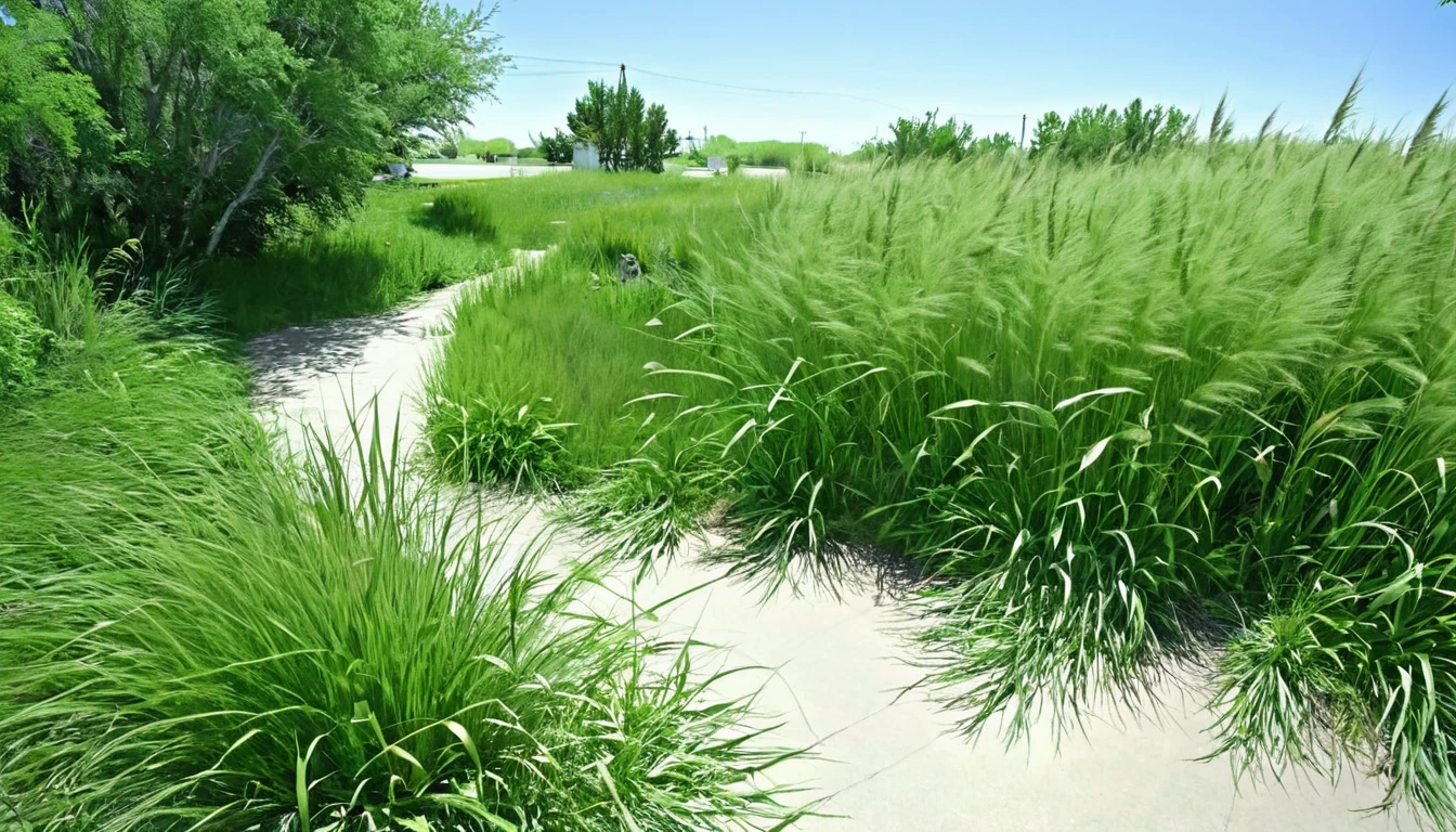 vacant lot, tall grass, in the middle a hidden trailer, eroding path