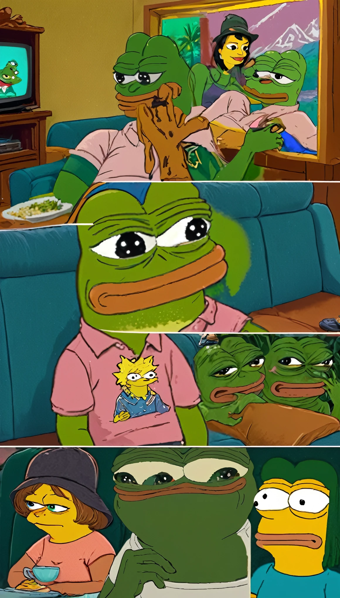 cartoon of a group of people sitting on a couch with a dog, modern cartoon tv show, 4 chan pepe, pepe the frog, pepe the frogs at war, video game fanart, ren and stimpy style, portrait of pepe the frog, poggers, 90s cartoon, videogame still, (((pepe frog))), as if lisa simpson came to life, original simpsons cartoon