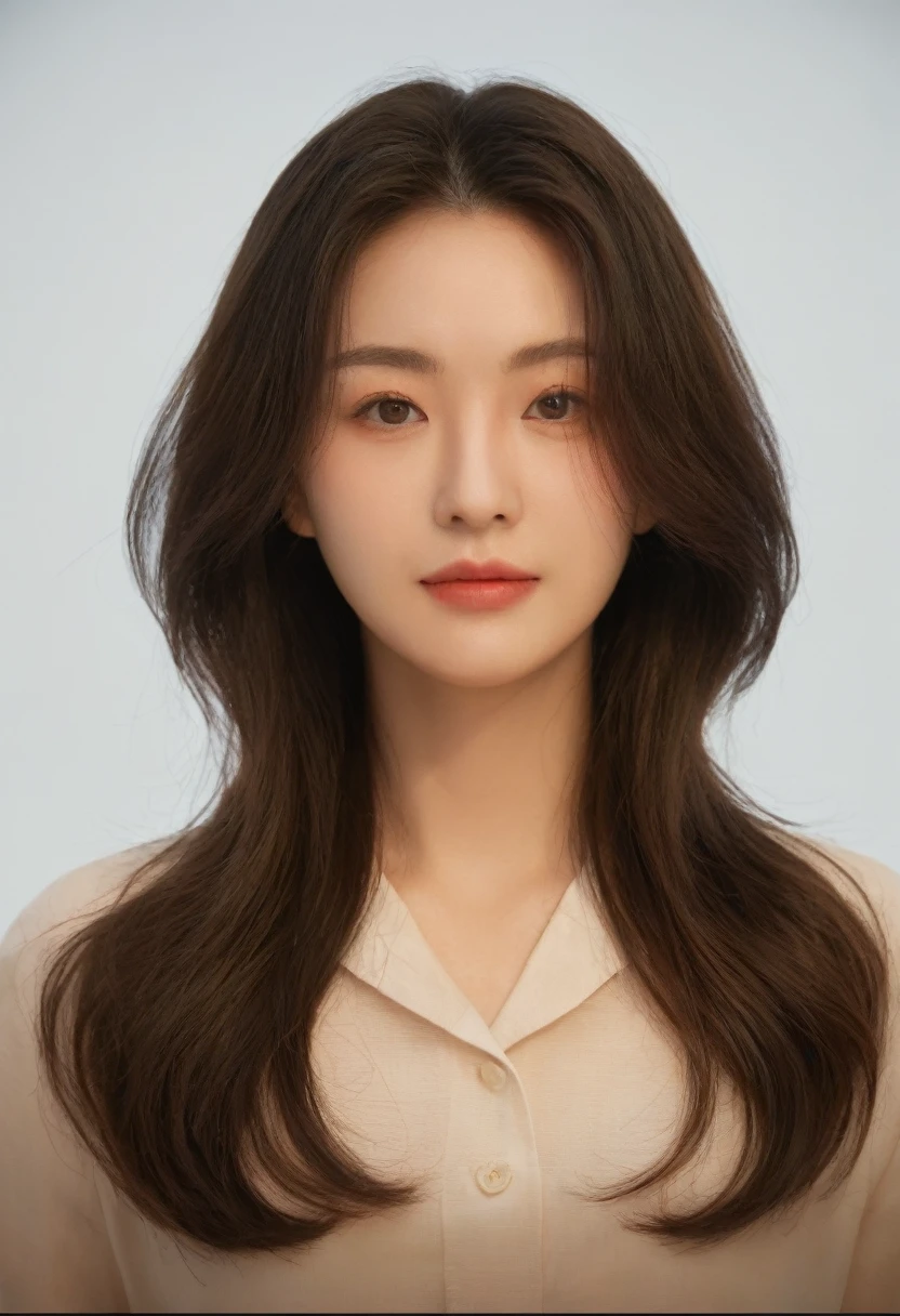 Best Quality, 8k, Masterpiece, (Portrait: 1.3), (photo realistic:1.4), (hyper realistic:1.4), Sharp Focus, looking at viewer, (smoother lighting:1.1), (increase cinematic lighting quality:0.9), realistic lighting, backlighting, light on face, ray trace, (brightening light:1.2), (Increase quality:1.4), sharp detail, (best quality real texture skin:1.4), finely detailed eyes, black_eyes, finely detailed face, 25 year old Korean woman, (white formal_shirt:1.4), (Create an image maintaining the original base model hairstyle:1.5)