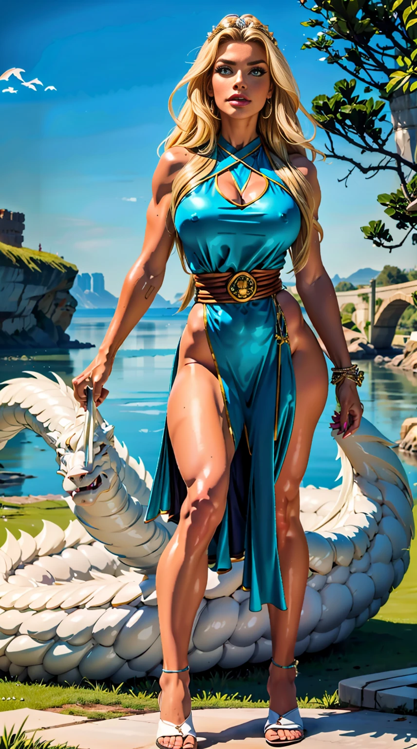 Princess Seoritsu and the White Dragon、The White Dragon is a legendary giant white dragon、Princess Seoritsu is based on white、Princess Seoritsu is a slender and cute woman、FULL BODYSHOT、Natural light、top-quality、 8k wallpapers amazing, exquisitedetails, hight resolution, Beautiful Detail Girl, top-quality、Turquoise is used in the tiara