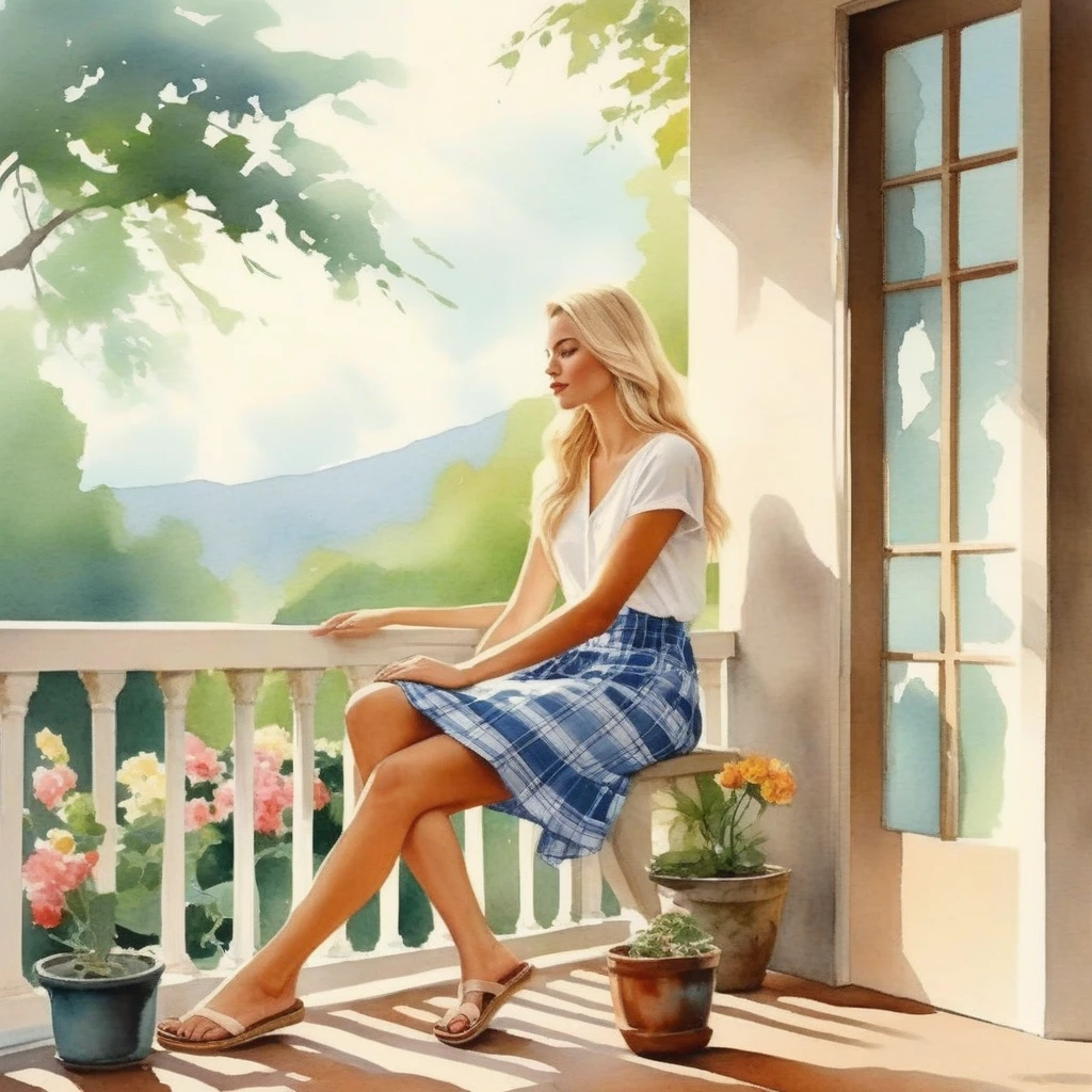 Imagine a serene setting where a Brazilian woman is the centerpiece of a tranquil watercolor scene. She sits comfortably on a concrete porch, her posture relaxed. Her straight blonde hair cascades over her shoulders, providing a lovely contrast to her light blue blouse and floral skirt. The red of her lips adds a pop of color that draws your eye, while her black flip-flops suggest a casual elegance. Beside her, a brown plaid bag rests against the porch railing, hinting at a story yet to be told. The setting is simple yet inviting: a beige wall with a window offering a glimpse of a tranquil interior and potted plants that add a touch of greenery and life to the composition.