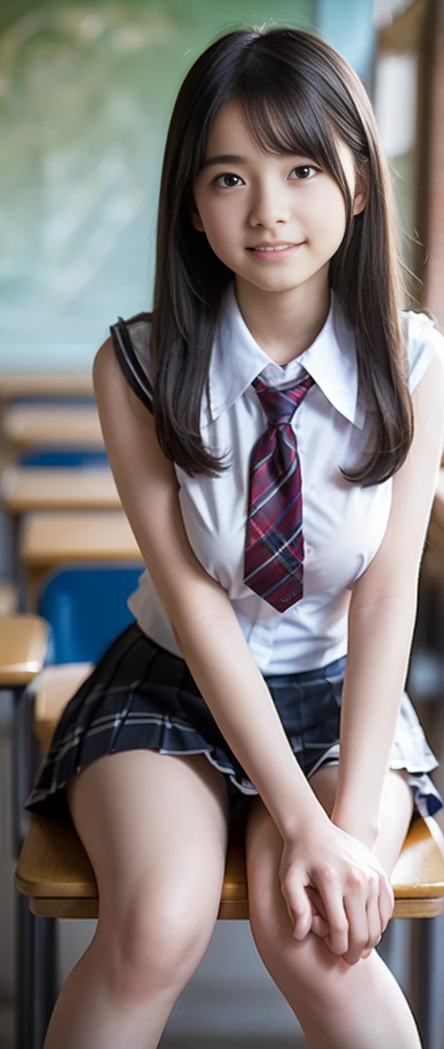 ((Breast enlargement)), (masterpiece, Highest quality:1.2), 8K, Young and beautiful girl, 85mm,Official AR RAW Photos, (Baby Face), ((Small face)), (((Super big breasts))), Detailed nipples, Show me your ears、photo shoot, Cute face, Thighs, Classroom after school, Looking at the audience, Embarrassing、smile、No makeup, Film Grain, chromatic aberration, Sharp focus, Face Light, Bright lighting, 10 generations, Detailed face, Background blur、((((((14 year old high school girl))))))、Narrow waist, ((Schoolgirl uniform, Checkered pleated mini skirt)), (White tiny panties), Sitting with your knees