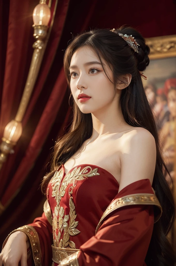 (((best quality))),(((ultra detailed))),(((masterpiece))),illustration, 1girl, singer, red gown, stage, performance, passion, confidence, elegance, lighting effects, decorations, audience, melodious voice, beautiful appearance, captivating performance