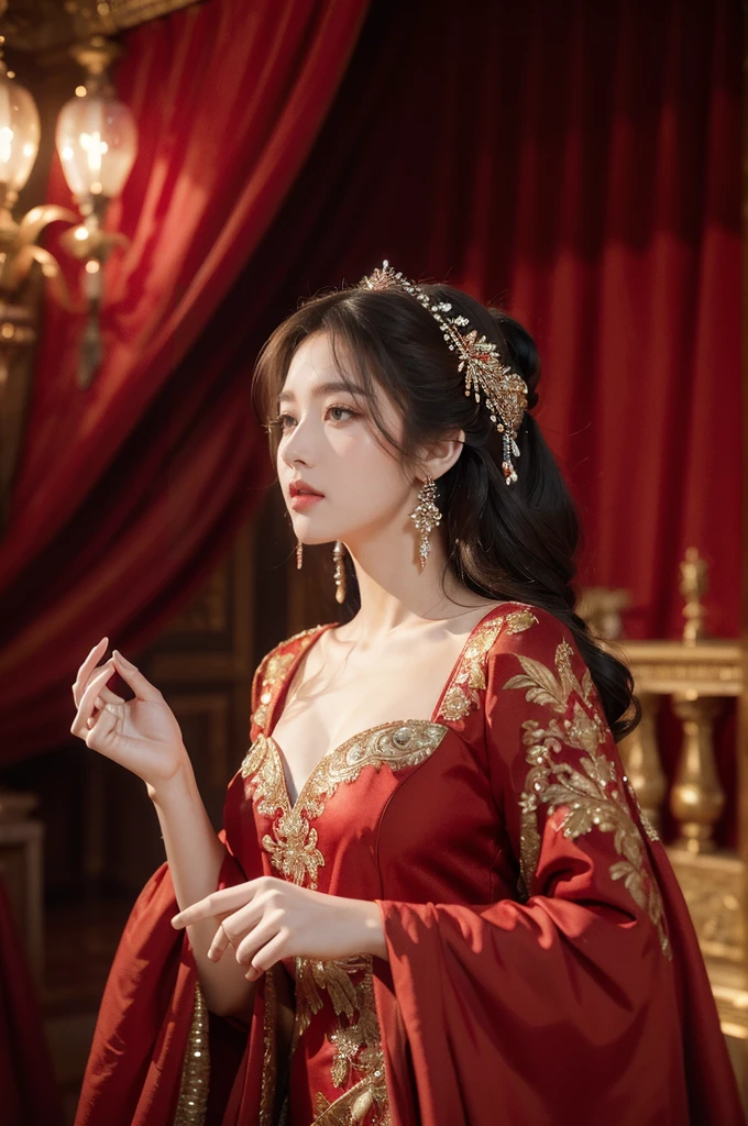(((best quality))),(((ultra detailed))),(((masterpiece))),illustration, 1girl, singer, red gown, stage, performance, passion, confidence, elegance, lighting effects, decorations, audience, melodious voice, beautiful appearance, captivating performance