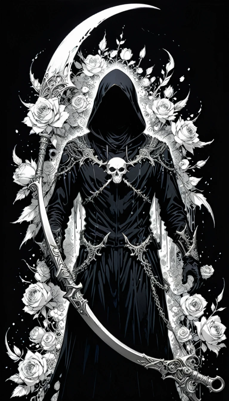 (Anime line drawing:1.5),(Black and White:1.45),Minimalism,(Line Art:1.6),sketch,charcoal drawing,in style of Nick Veasey,by Hirohiko Araki,
BREAK
Black Reaper,(broken torn cape:1.4),the lines of movement of the wind,holding Scythe of Death,(intricate details:1.7),the fine texture of the sickle,(gorgeous and heavy scythe:1.2),epitaxial alienation of the sickle,
BREAK
(bloom:1.3),(full bloom:1.3),dodgerblue Rose,Ominous Red,the energy atmosphere of the grim reaper,
BREAK
(Blood splatter:1.3),(paint splatter:1.2),(dripping paint:1.2),insanely detailed and intricate, hypermaximalist, elegant, ornate, hyper realistic, super detailed
