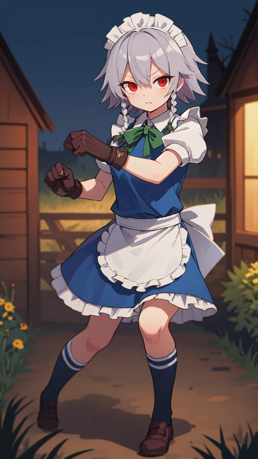 Izayoi Sakuya, 緑のribbon, Maid headdress, Knee socks, ribbon, ヘアribbon, Waist apron, Twin Blade, Red eyes, Puffy sleeves, Maid, Blue clothes, Gray Hair, Frills, gloves, short hair, Puff short sleeves, Grey Hair, Bangs Muay Thai, Combat Stance BREAK Countryside, fields, barn, evening, Blurred, countryside, Charm, (darkness:1.3), night, spooky, Horror \\(theme\\), masterpiece, Highest quality
