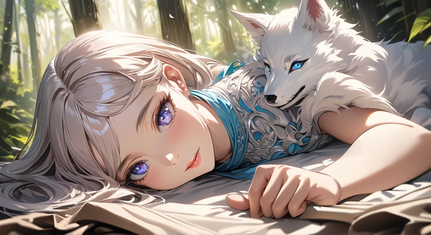 Vector, best quality, 8k, high resolution, high quality, a graceful princess,  her hair cascading down her back, Beautiful Woman, perfect detailed face, detailed symmetric eyes with circular iris soft natural lighting, symmetrical, natural skin texture, detailed face, photorealism, soft pastel colors sparkling, forest background, photorealistic painting, sharp focus, 8k, perfect composition, cinematic smooth, intricate detail, highly detailed, hyper-detailed dress and hair, with a white Alpha dominant wolf beside her 