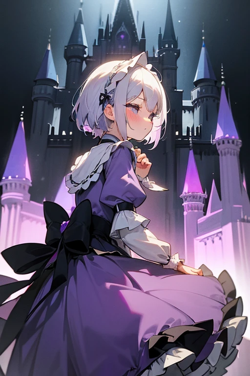 Short white hair, blush, Headbang 2.、cute、Beautiful woman、Stylish Gothic ta、Purple clothes、、Braiding、Cinderella Castle in the background、