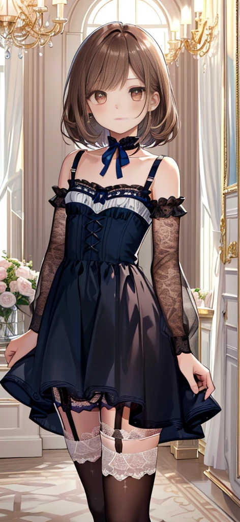 ((masterpiece)), ((best quality)), ((ultra detailed)), ((kawaii)), cute, (lovely), ((extremely detailed)), ((8K)), (beautiful), full body, luxury room, a cute girl, 1girl, solo, blue mini camisole dress,beautiful light brown hair, ((detailed beautiful brown eyes)), white-skinned, flat breast, tiny breast, garter belt,(garter stockings:1.4),pink eyeshadow