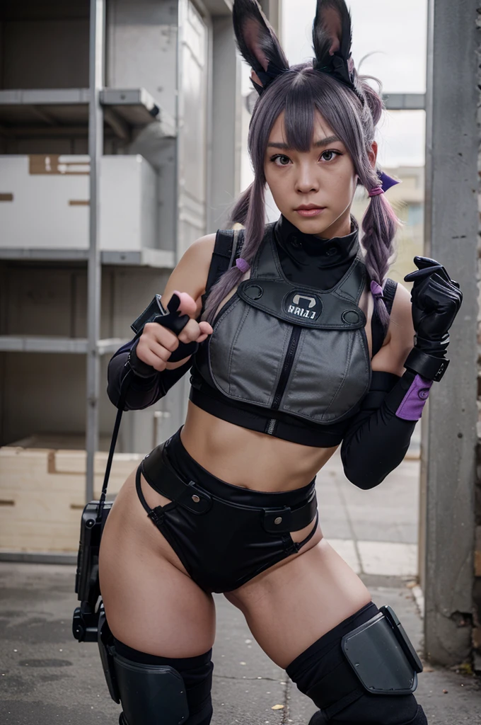 miyako, grey hair, long hair, ponytail, bangs, purple eyes, alternate hairstyle, animal ears, rabbit ears, halo, tactical clothes, bulletproof vest, knee pads, gloves, , two-tone gloves, boots, pink neckerchief