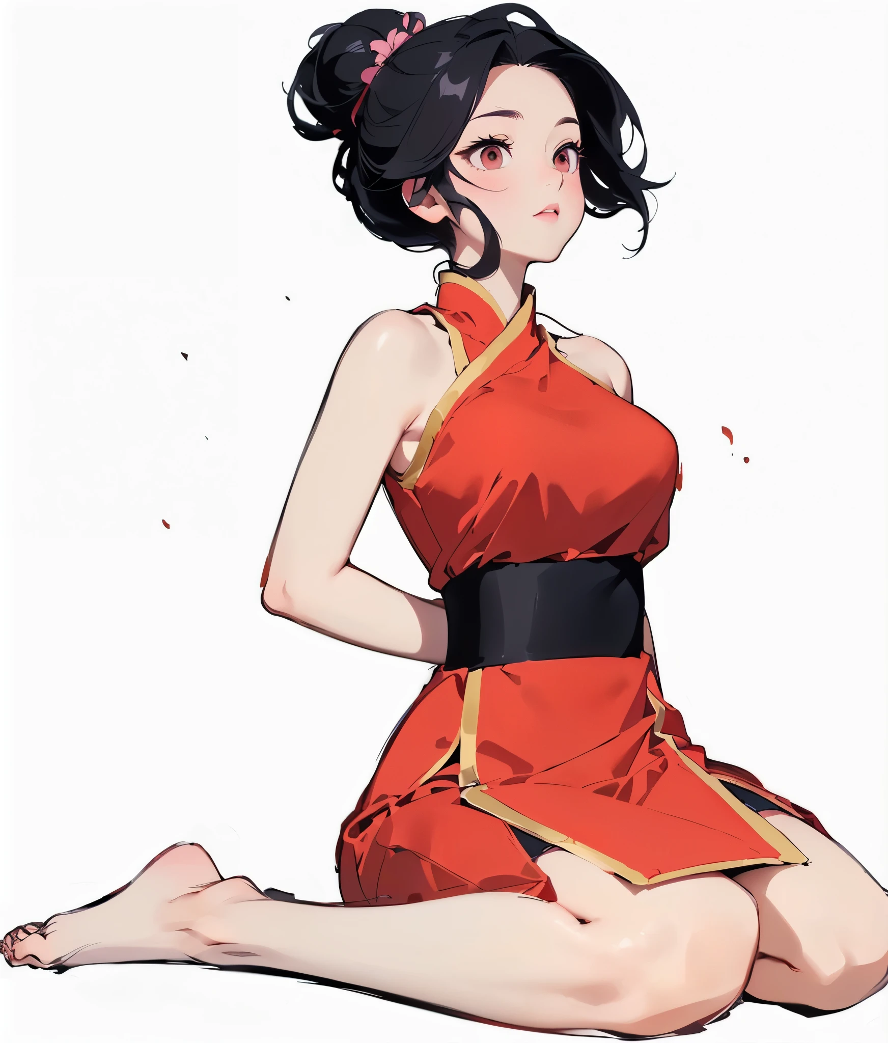 A cartoon picture of a woman in a red dress sitting on the ground, Nezuko, Nezuko-chan, Inspired by Chen Jiru, Sitting, Grayscale photo of a woman in a red dress, Cartoon shading art style, Elegant floating posture, The strongest posture, Full body fairy, Thinking posture, Mai Shiranui