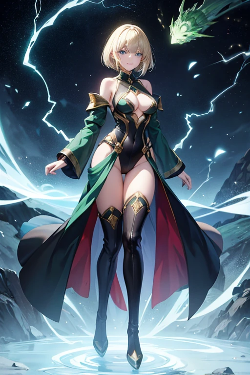 Anime Art、Full body portrait、The dark green dancer of space science fiction、A woman around 185cm tall, around 25 years old, wearing a dark green robe with a slit revealing her chest and short pants, emitting lightning from her hands.、Condescending smile、Hairstyle is medium、Platinum Blonde Hair、Thigh-high boots、Golden Bangles、Light blue eyes