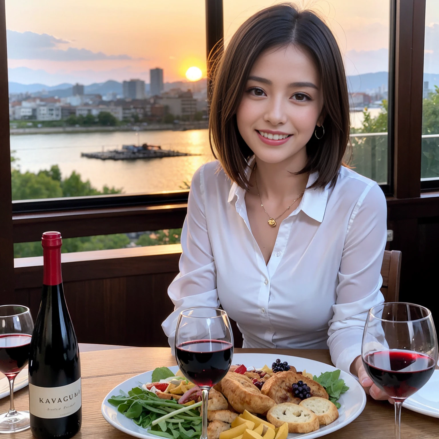 ((Highest quality、8K、masterpiece:1.3))、 (Ultra-realistic、 Genuine、Bright image、Intricate details:1.2), 最高のsmile、Wine Party、1 male、1 female、Beautiful couple、love love love、spouse、Female announcer、actress couple、smile、Full-course dinner at a packed table、 (Slim face), (the body is slim), (Brown Hair), (short hair), テーブルのwine glass、Please shine a light on my face、 Amazing view of the sunset sky and clouds、 39 years old, red wine 、Appetizers、Wine bottle、sparkling wine、Long sleeve shirt、dress、White wine, red wine, wine glass, 