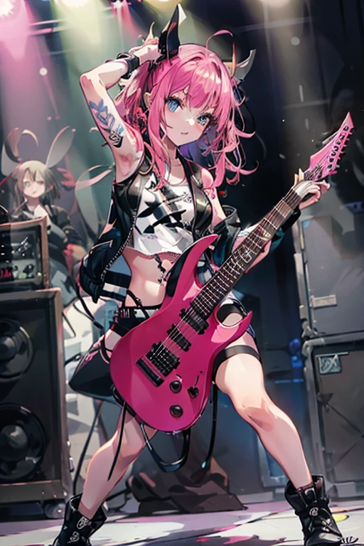 Realistic:1.2, Rocker girl in leather jacket,Slim figure、Normal bust size、 highly Realistic photograph,  Full Body Shot, １2 electric guitars, Spiked clothing,White tank top、Navel exposed、Low-rise leather shorts,tattoo,Earrings Dark lipstick, blue eyes,Pink twin tail hair,Black Ribbon, Beautiful and perfect legs, Confident expression, Punk Style ,Dynamic pose, Dynamic Lighting, Colorful Stage,Colorful stage lights,Perfect Anatomy,