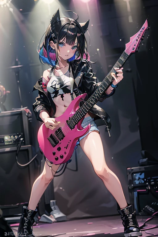 Realistic:1.2, Rocker girl in leather jacket,Slim figure、Normal bust size、 highly Realistic photograph, Full Body Shot, 12 electric guitars, Spiked clothing,White tank top、Navel exposed、Low-rise leather shorts,tattoo,Earrings Dark lipstick, blue eyes,Pink twin tail hair,Black Ribbon, Beautiful and perfect legs, Confident expression, Punk Style ,Dynamic pose, Dynamic Lighting, Colorful Stage,Colorful stage lights,Perfect Anatomy,