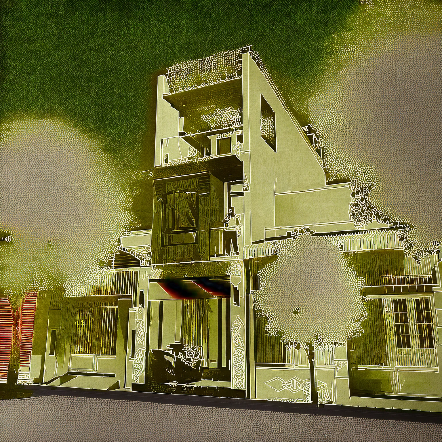 Masterpiece, high quality, best quality, authentic, super detail, outdoors, house style modern, bietthuhn, white wall, glass windows, gate road, pavement, grass, trees, Beautiful_sky, SUNSET, (day:1.1), realistic lighting