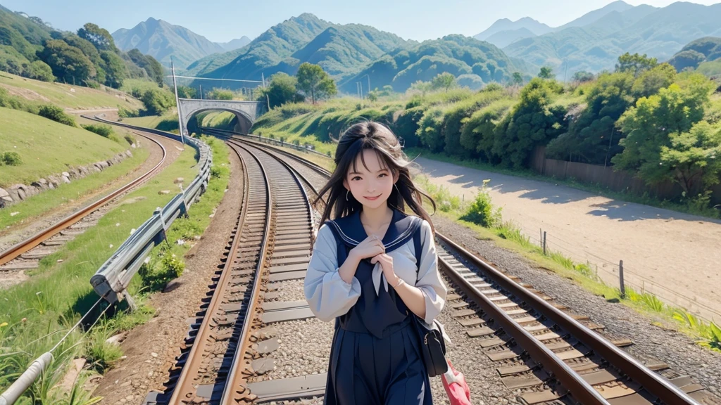 8K、RAW Photos、Highest quality、Super detailed、Super Resolution、Ultra HD、8K壁紙、Amazingly detailed rural landscape、The tracks continue、Walking along the tracks、(Sailor suit),smile、sun、School bag
