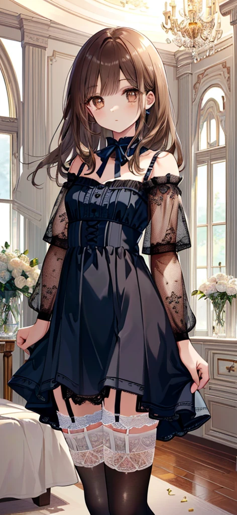 ((masterpiece)), ((best quality)), ((ultra detailed)), ((kawaii)), cute, (lovely), ((extremely detailed)), ((8K)), (beautiful), full body, luxury room, a cute girl, 1girl, solo, blue mini camisole dress,beautiful light brown hair, ((detailed beautiful brown eyes)), white-skinned, flat breast, tiny breast, garter belt,(garter stockings:1.4),pink eyeshadow