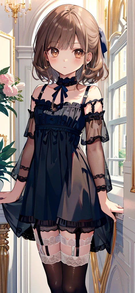 ((masterpiece)), ((best quality)), ((ultra detailed)), ((kawaii)), cute, (lovely), ((extremely detailed)), ((8K)), (beautiful), full body, luxury room, a cute girl, 1girl, solo, blue mini camisole dress,beautiful light brown hair, ((detailed beautiful brown eyes)), white-skinned, flat breast, tiny breast, garter belt,(garter stockings:1.4),pink eyeshadow