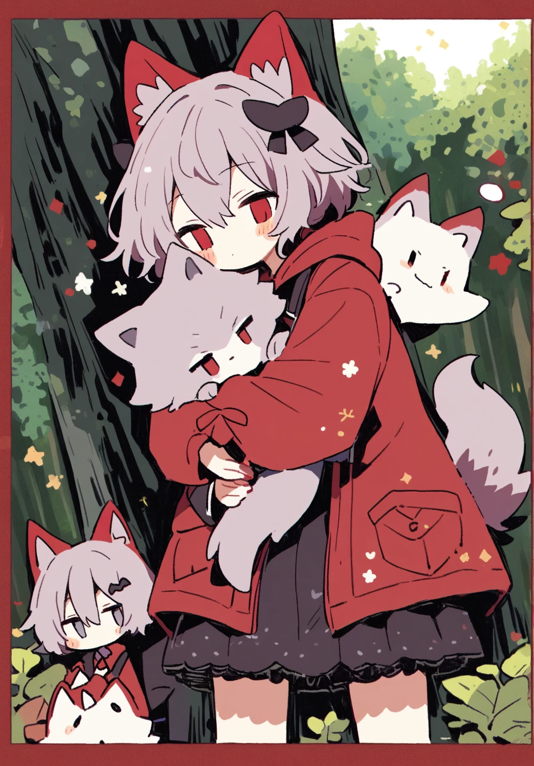 tegaki chibi 2boys red hooded boy and man wolf ears hug in the forest gothic lolita