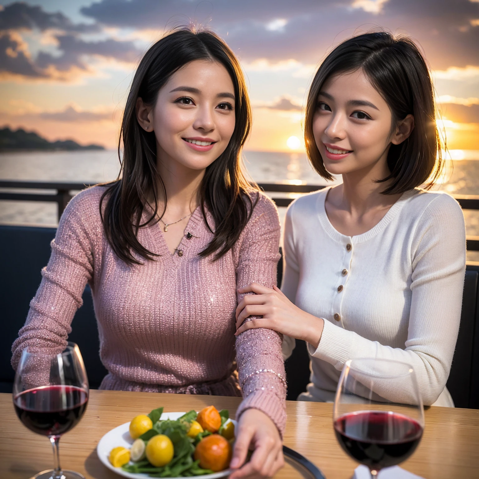((Highest quality、8K、masterpiece:1.3))、 (Ultra-realistic、 Genuine、Bright image、Intricate details:1.2), 最高のsmile、1 male 1 female、Beautiful couple、Love Love Love、Lovers in Osaka、Good friends、actress couple、smile、Full-course dinner at a packed table、 (Slim face), (the body is slim), (Brown Hair), (short hair), テーブルのwine glass、Please shine a light on my face、 Amazing view of the sunset sky and clouds、36 years old 39 years old, red wine 、Wine bottle、sparkling wine、Long sleeve shirt、dress、White wine, red wine, wine glass, 