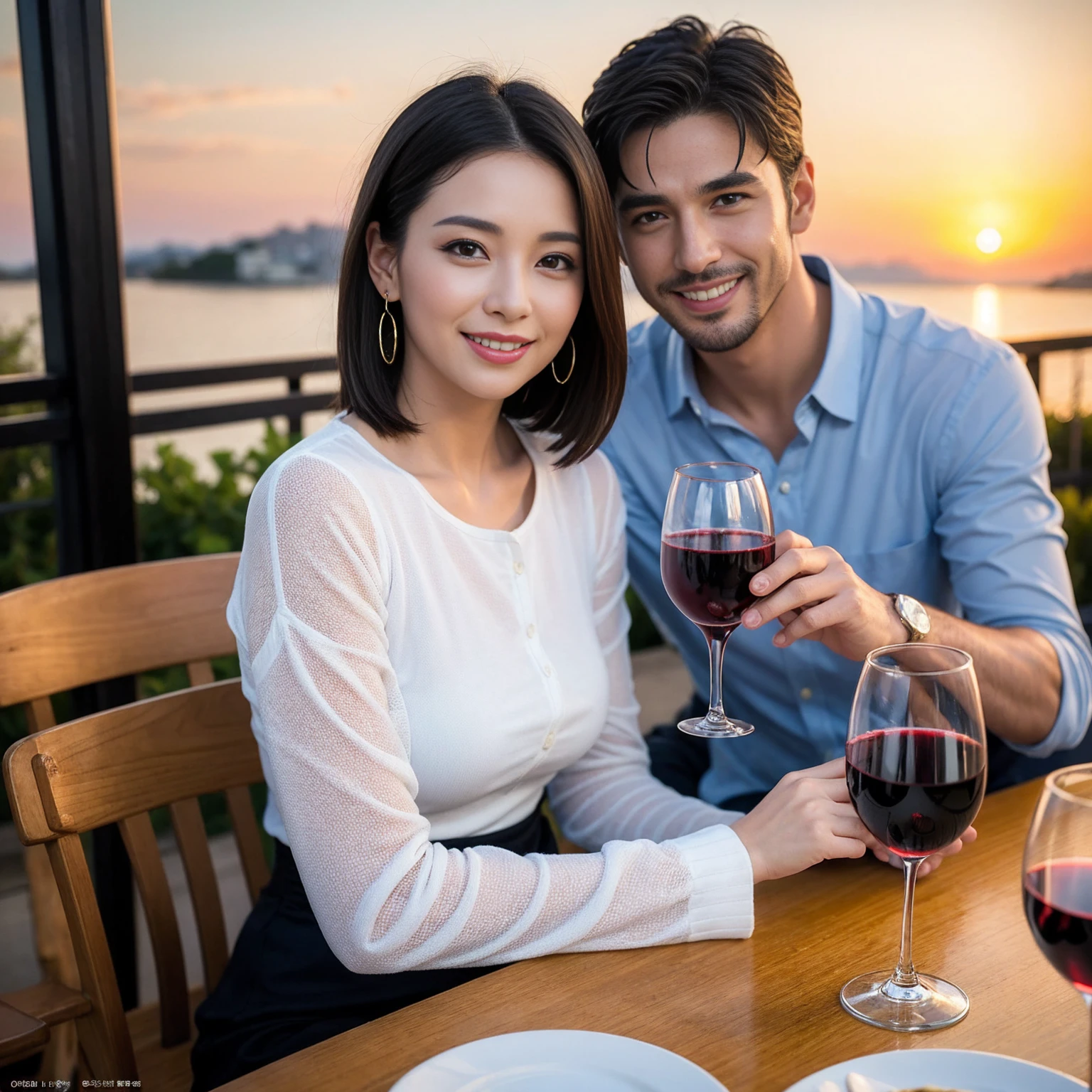 ((Highest quality、8K、masterpiece:1.3))、 (Ultra-realistic、 Genuine、Bright image、Intricate details:1.2), 最高のsmile、1 male 1 female、Beautiful couple、Love Love Love、Lovers in Osaka、Good friends、actress couple、smile、Full-course dinner at a packed table、 (Slim face), (the body is slim), (Brown Hair), (short hair), テーブルのwine glass、Please shine a light on my face、 Amazing view of the sunset sky and clouds、36 years old 39 years old, red wine 、Wine bottle、sparkling wine、Long sleeve shirt、dress、White wine, red wine, wine glass,