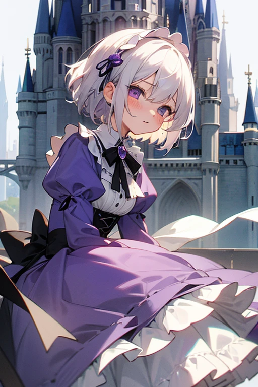 Short white hair, blush, Headbang 2.、cute、Beautiful woman、Stylish Gothic Lolita、Purple clothes、、Braiding、Cinderella Castle in the background、