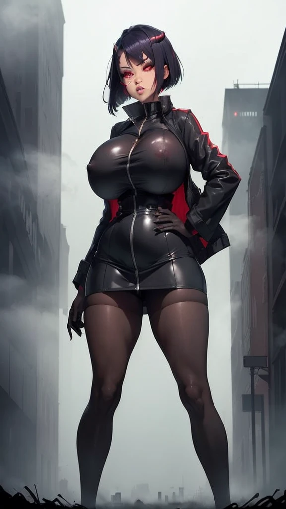 city, fog, ((huge :1.3)), ((huge )), (darkness succubus red bob hair, horns), wet black crop top, corset, pencil , belt, stocking, fog, strong stance, blood moon, (nuclear explosive background), sweaty glow body, katana, (dark skin), lipstick, eye shadow, 