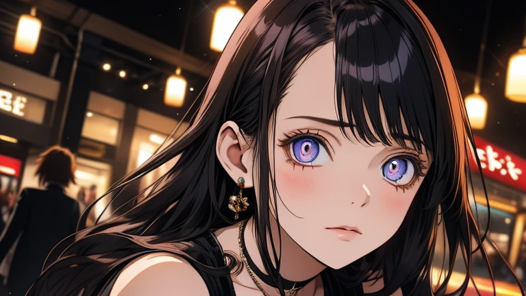 a girl with long black hair, pale skin, wearing a sleeveless black mini dress and a necklace, anime character,A close-up of her eyes, showing a fleeting sadness. set against a colorful, busy shopping mall boutique store, ultra-detailed, 8k, photorealistic, portrait, dramatic lighting, cinematic, highly detailed face, elegant, intricate details, striking pose, vibrant colors, dramatic shadows, hyper-realistic, masterpiece