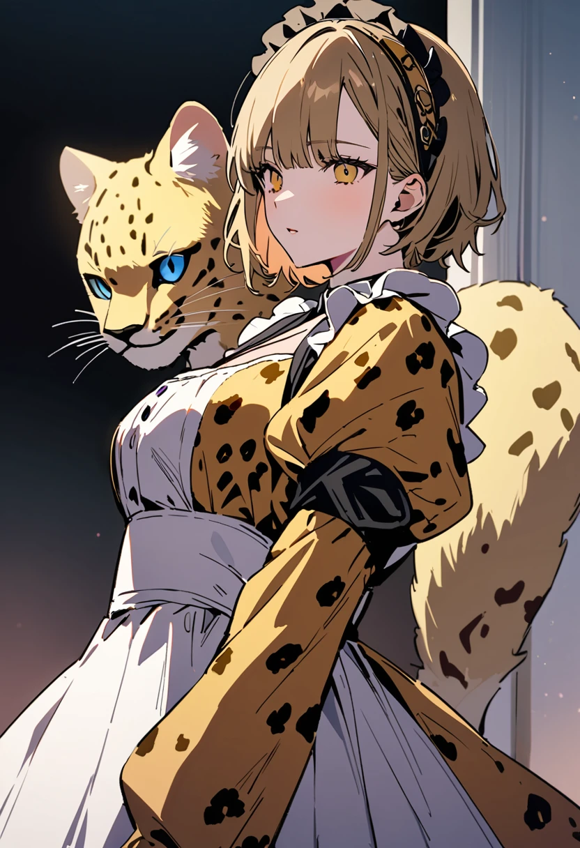 masterpiece, Highest quality, Illustration of the novel, High resolution, 18+ Adult content, Sensual, Intimate, Emotional, Passionate, romantic, sweet, Adorable, Innocent, Pure, Charmな, Charmな, Charm, mysterious, Charmな, Charmな, Immersive, Charmな, dream-like, Surreal, Imaginative, Whimsical, Artistic, Avant-garde, timeless, elegant, Sophisticated, chic, Sophisticated, personality, original, Charmな,((Maid clothes:1.3)),(Cheetah Dress:1.3)、Female Band、live、((Upper Body:1.3))