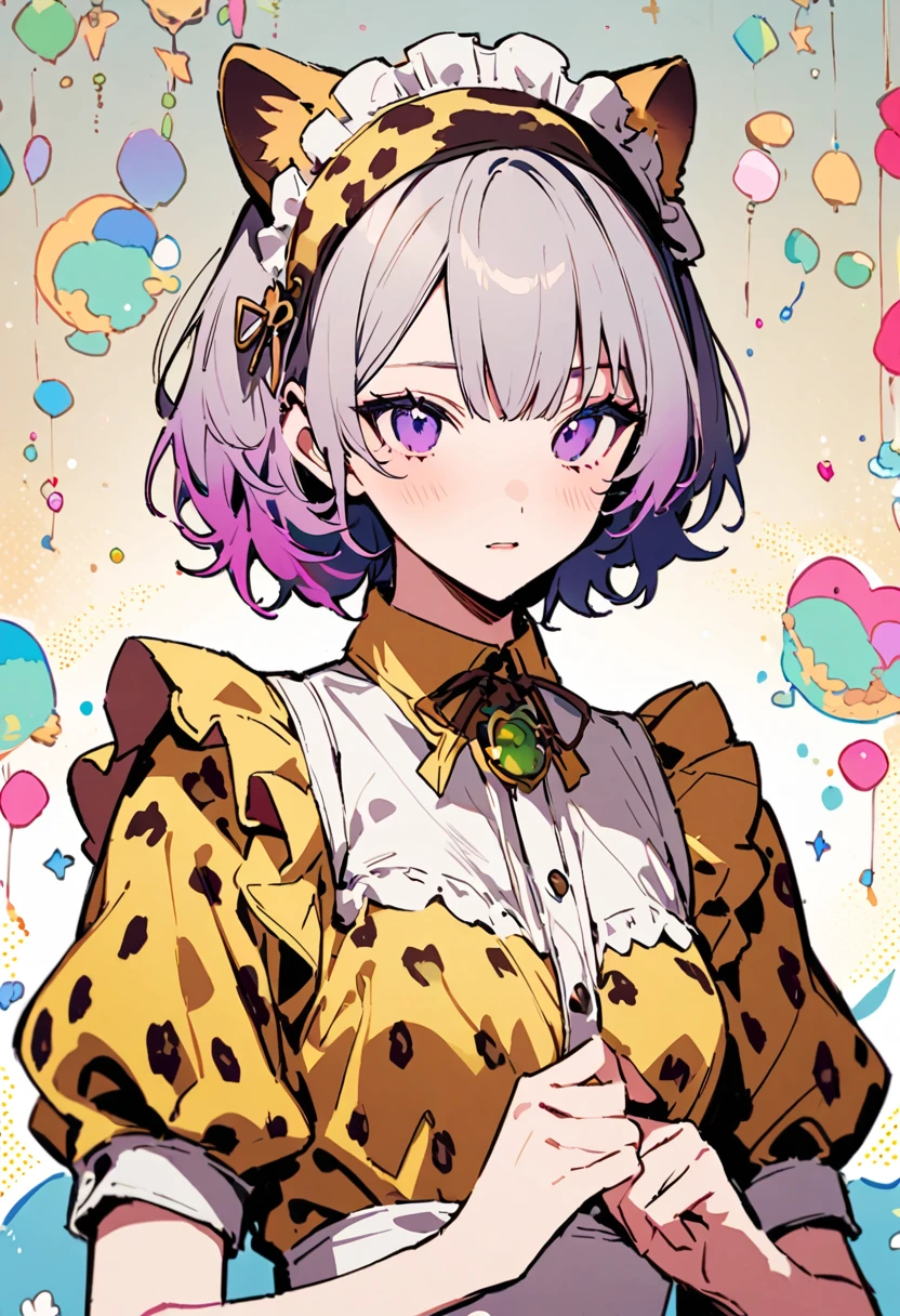 masterpiece, Highest quality, Illustration of the novel, High resolution, 18+ Adult content, Sensual, Intimate, Emotional, Passionate, romantic, sweet, Adorable, Innocent, Pure, Charmな, Charmな, Charm, mysterious, Charmな, Charmな, Immersive, Charmな, dream-like, Surreal, Imaginative, Whimsical, Artistic, Avant-garde, timeless, elegant, Sophisticated, chic, Sophisticated, personality, original, Charmな,((Maid clothes:1.3)),(Cheetah Dress:1.3)、Female Band、live、((Upper Body:1.3))