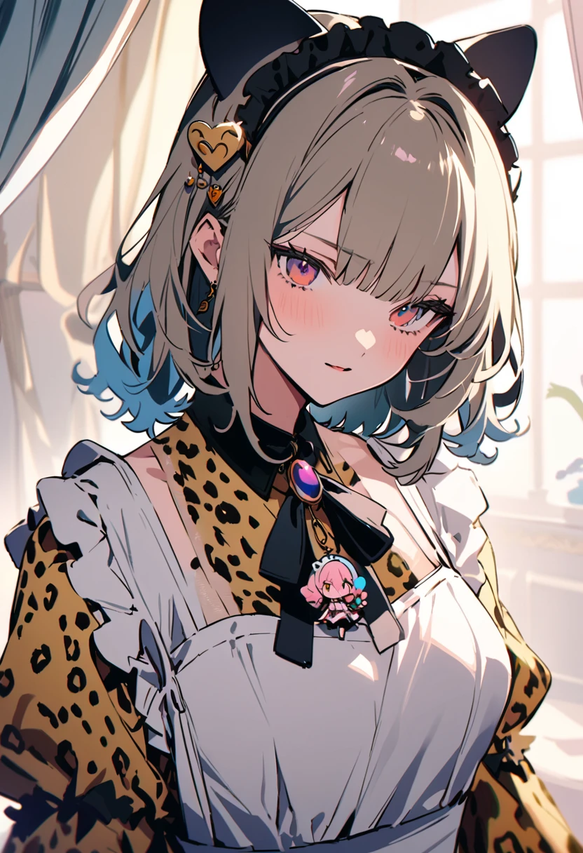 masterpiece, Highest quality, Illustration of the novel, High resolution, 18+ Adult content, Sensual, Intimate, Emotional, Passionate, romantic, sweet, Adorable, Innocent, Pure, Charmな, Charmな, Charm, mysterious, Charmな, Charmな, Immersive, Charmな, dream-like, Surreal, Imaginative, Whimsical, Artistic, Avant-garde, timeless, elegant, Sophisticated, chic, Sophisticated, personality, original, Charmな,((Maid clothes:1.3)),(Cheetah Dress:1.3)、Female Band、live、((Upper Body:1.3))