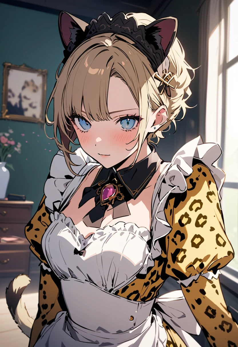 masterpiece, Highest quality, Illustration of the novel, High resolution,  , Sensual, Intimate, Emotional, Passionate, romantic, sweet, Adorable, Innocent, Pure, Charmな, Charmな, Charm, mysterious, Charmな, Charmな, Immersive, Charmな, dream-like, Surreal, Imaginative, Whimsical, Artistic, Avant-garde, timeless, elegant, Sophisticated, chic, Sophisticated, personality, original, Charmな,((Maid clothes:1.3)),(Cheetah Dress:1.3)、Female Band、live、((Upper Body:1.3))