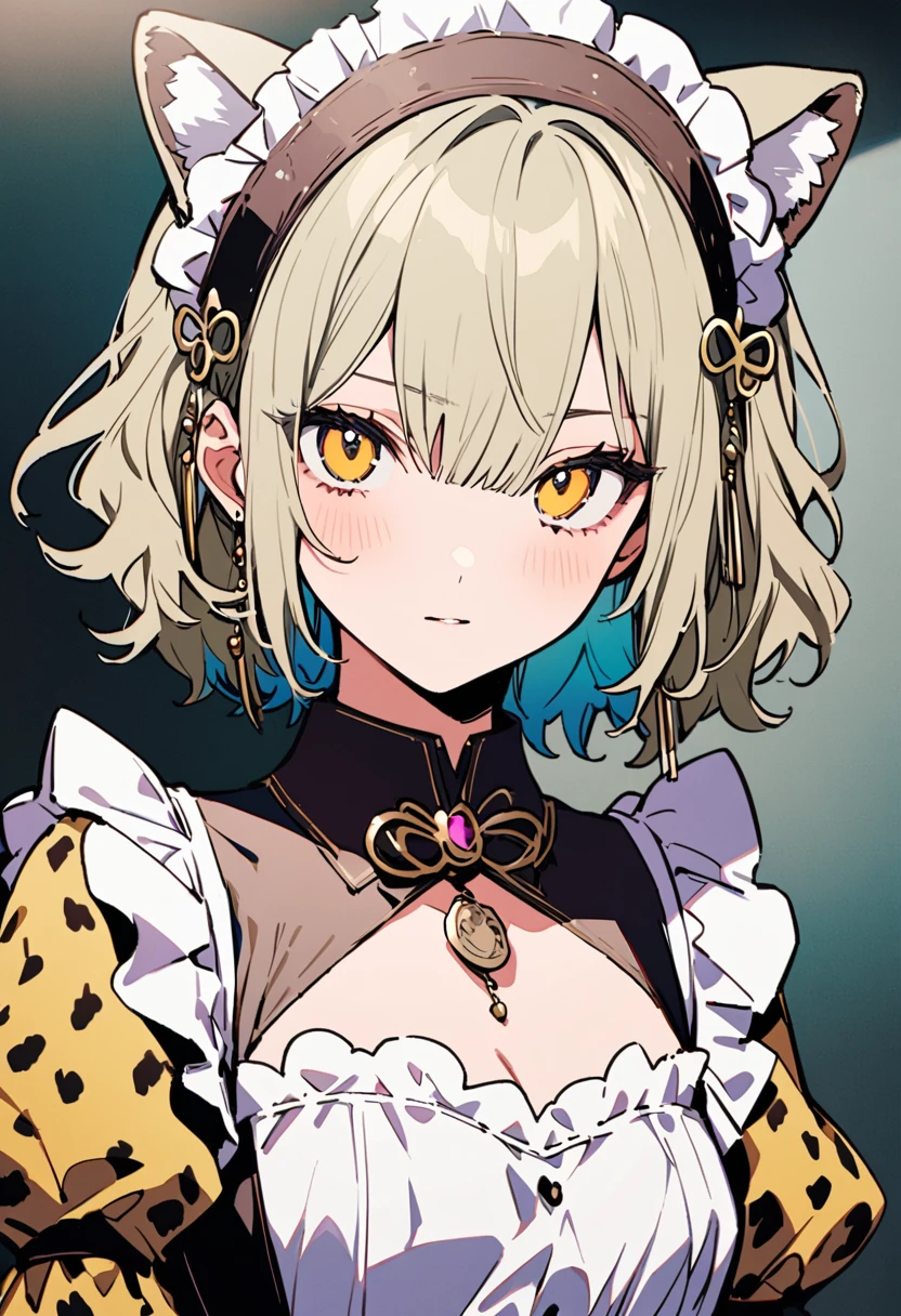 masterpiece, Highest quality, Illustration of the novel, High resolution, 18+ Adult content, Sensual, Intimate, Emotional, Passionate, romantic, sweet, Adorable, Innocent, Pure, Charmな, Charmな, Charm, mysterious, Charmな, Charmな, Immersive, Charmな, dream-like, Surreal, Imaginative, Whimsical, Artistic, Avant-garde, timeless, elegant, Sophisticated, chic, Sophisticated, personality, original, Charmな,((Maid clothes:1.3)),(Cheetah Dress:1.3)、Female Band、live、((Upper Body:1.3))