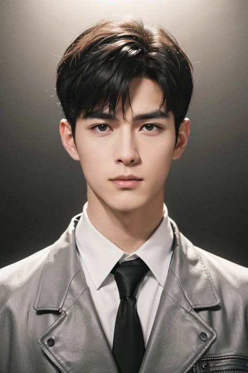 at office,wearing black leather coat,two block haircut, Attractive man,Live-action photo,Handsome and sunny,(SLR effect,Reality,8K,Hyper-detailing,Absolute realism)