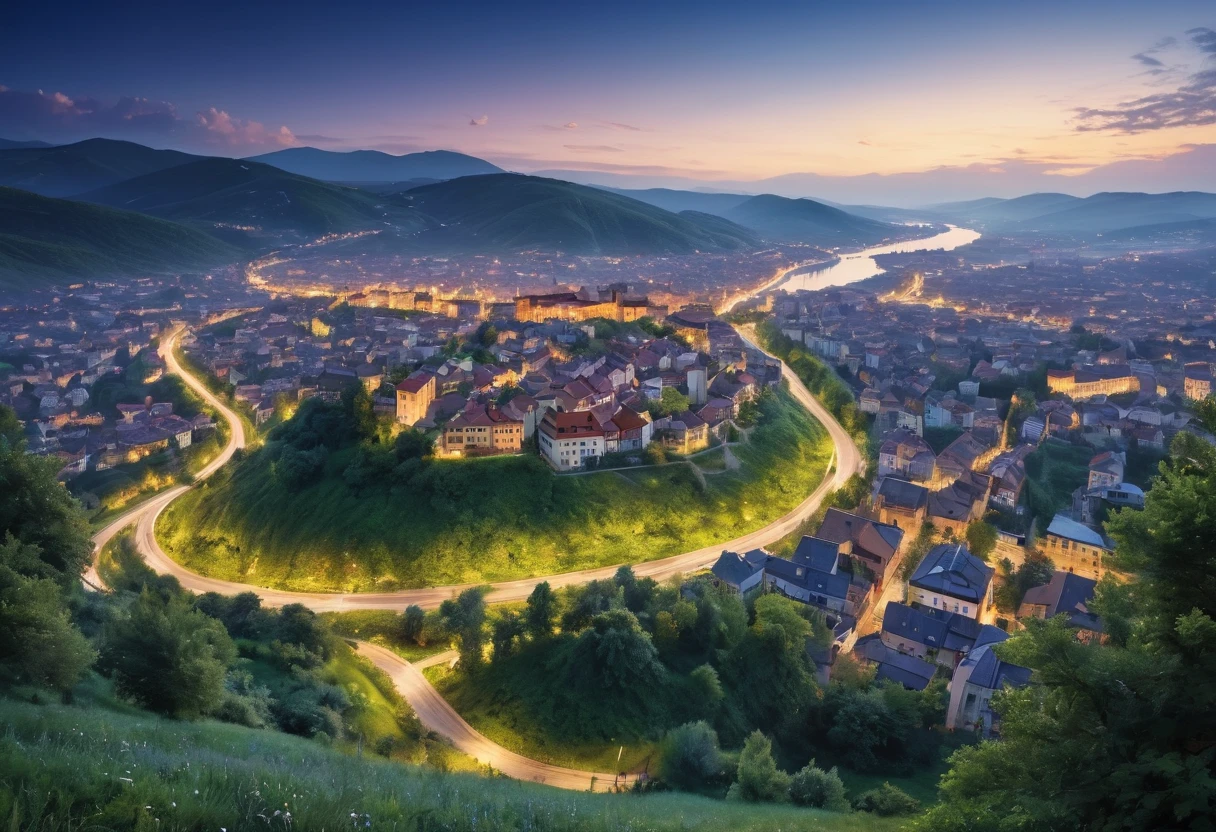 panorama of city, utopic, with connection to nature and art, beautiful place to live in, twilight