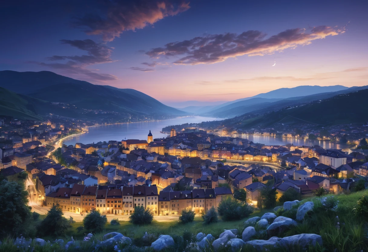 panorama of city, utopic, with connection to nature and art, beautiful place to live in, twilight