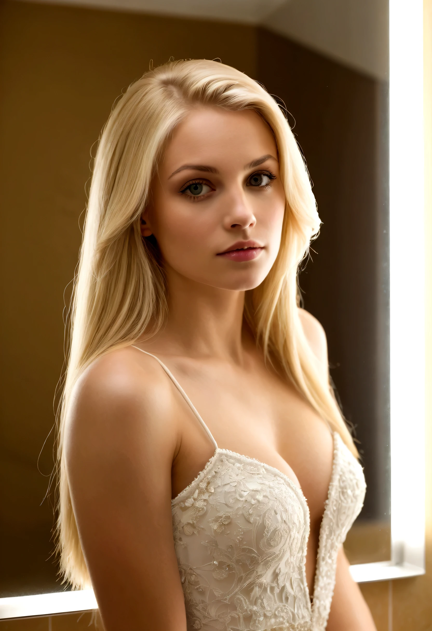 Femme blonde aux cheveux longs et haut blanc se regardant dans le miroir, mulher belle blonde,, une belle blonde, femme blonde, traits blonds et attrayants, belle blonde, photo d'une belle femme, blonde belle jeune femme,assise sur un canaper