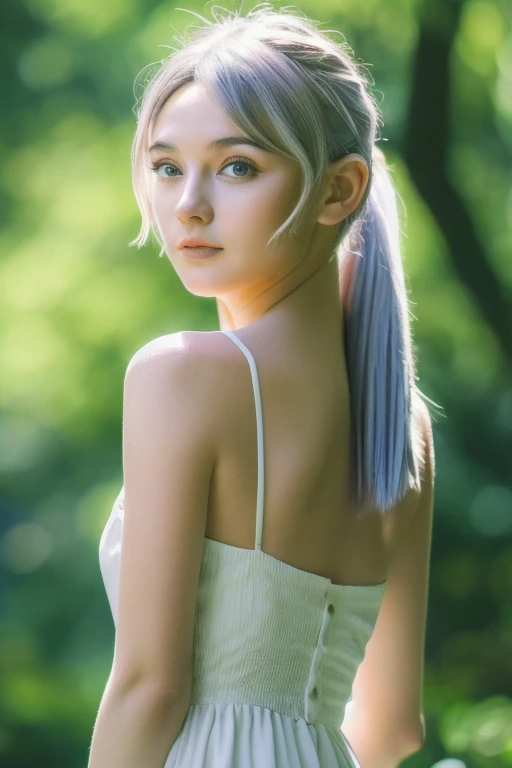 芙èŽdryè“®,One girl,alone,Fairy,Gray Hair,灰colorの髪の毛,earriSleeveless dress,White Dress,Sleeveless dress,Bare shoulders,clavicle,ngs,Pointed Ears,Long Hair,ponytail,Green Eyes,Twin tails,Parted bangs,Thick eyebrows,Browsing Caution,Small breasts,Cleavage,Put your arms behind your back,, 20-year-old,young woman,beautiful指,beautiful長い脚,beautiful体,beautiful鼻,beautifulキャラクターデザイン, Perfect Eyes, perfect face,Expressive eyes,
View your viewers,
Official Art,非常に詳細な CG ユニティ 8K 壁紙, Perfect lighting,colorful, bright_front_face_Lighting,Shiny skin,
(masterpiece:1.0),(Highest_quality:1.0), 超High resolution,4K,Super detailed,
photograph, 8K, High resolution, High resolution, Absurd:1.2, 400 for Kodak Port, Film Grain, Blurred Background, Bokeh:1.2, Lens flare, (Vibrant_color:1.2), (beautiful_face:1.5),(narrow_Waist), ,Browsing Caution,, Amazing visuals, High resolution,masterpiece,Highest quality,