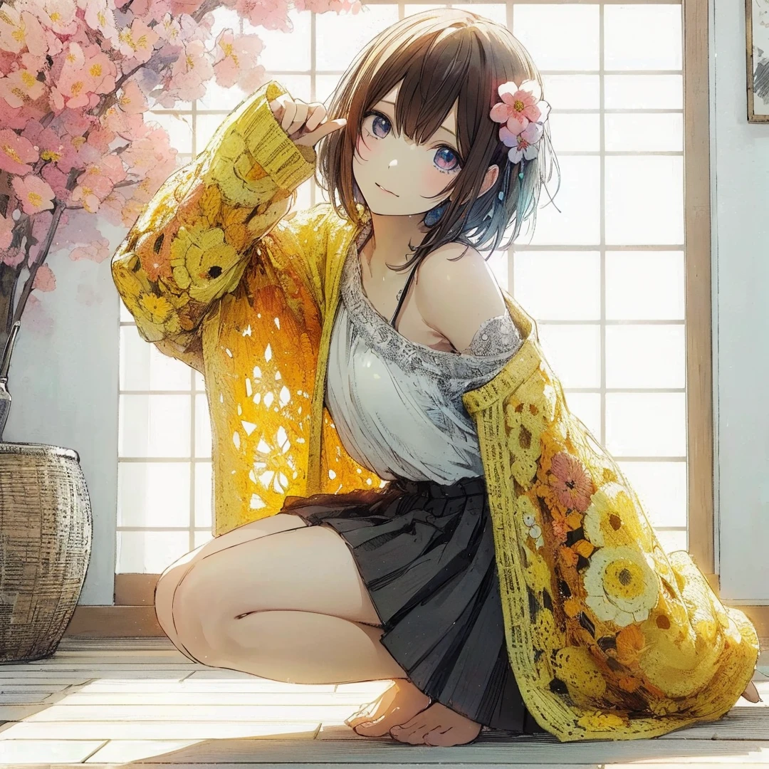 Official art using high-quality hand-drawn watercolor sketch techniques. (best quality,4k,8k,highres,masterpiece:1.2),ultra-detailed,beautiful detailed eyes,A girl with beautiful eyes, everyone, beautiful anime girl, cute anime girl, smooth anime art, anime style, elegant colors, soft lighting, delicate beautiful wet eyes, very coquettish, (beautiful large breast:1.2), (correct hands:1.2),