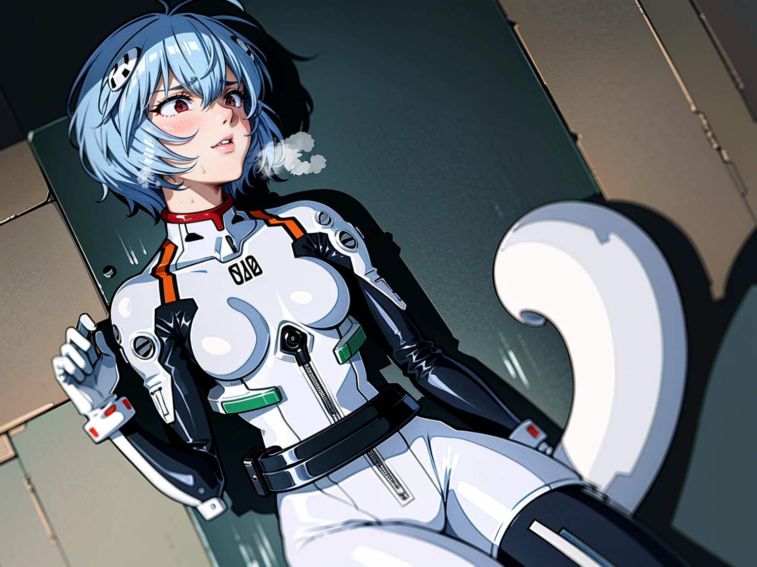 ((Highest quality, 8k wallpaper)),(masterpiece, Highest quality),Very detailed,High resolution,(Official Art:1.3),(((Anime screenshots,Black outline))),One girl,alone, Break mer1,(Rei Ayanami {Neon Genesis Evangelion,}1.2),masterpiece, best quality, outdoor, 1girl, Solo,red eyes,short hair,blue hair, (White plug suit:1.4), skin tight,(Tired look, A look of regret, Struggled, Half-closed eyes, fear, humiliation, Frightened, anxiety:1.3),(((Covered in sweat, Mass sweat, Sweating profusely,steam:1.7))), (lying on side, Look Up:1.8), (Dirty Costume with mud,gym storeroom:1.5)(((sweat,Sweatdrop,flying Sweatdrops, sweating profusely,wet,wet clothes,wet hair,messy hair))),
